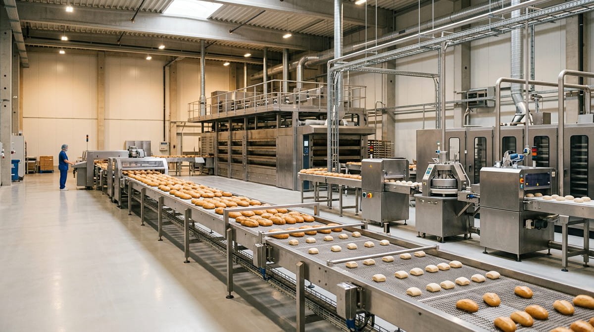 Illustratie: industriële bakkerij met roestvrijstalen machines en een productielijn.