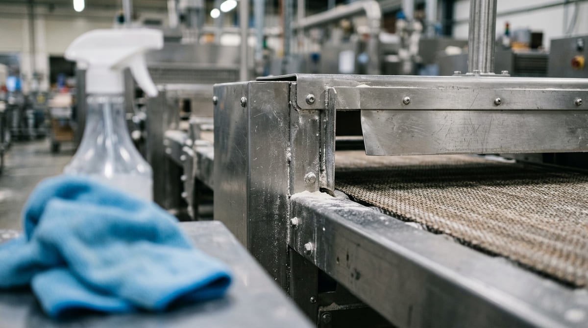 Illustratie: detail van roestvrijstalen machine en hygiëne rond reiniging.